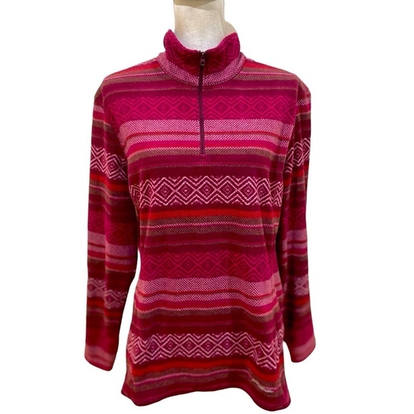 Eddie Bauer striped burgundy & pink 1/4 zip fleece sweatshirt Overstitching xl - Picture 1 of 11